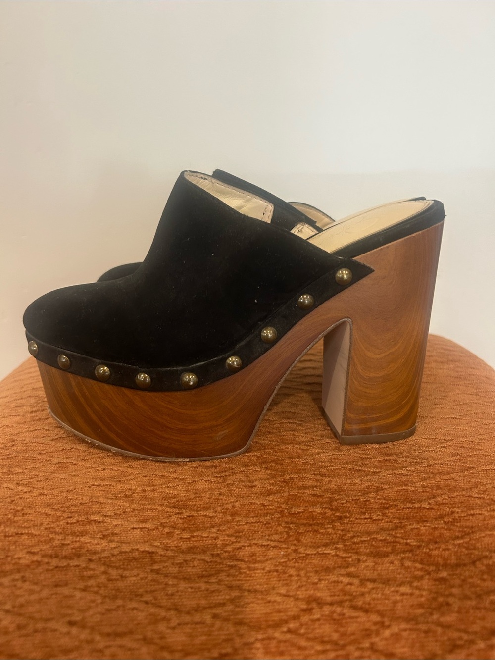Jessica Simpson Black Suede Platform Clog with Wood-Effect Heel